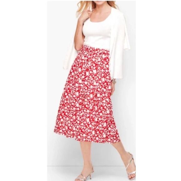 TALBOTS Midi Skirt 6P Red White Floral Print Cotton Lined A-Line Tie Textured - Picture 12 of 13